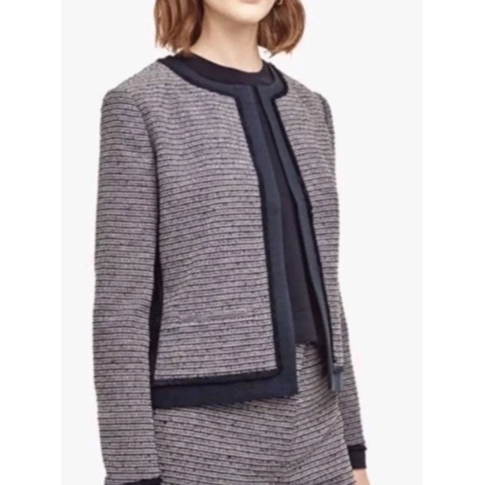 Ann Taylor Blue Tweed Cropped Collarless Blazer Jacket Petite 4 P4